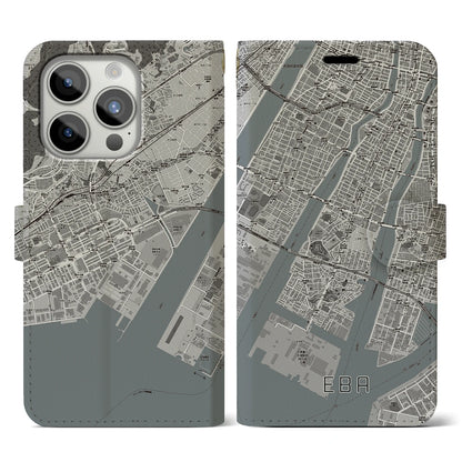 【江波（広島県）】地図柄iPhoneケース（手帳タイプ）モノトーン・iPhone 15 Pro 用