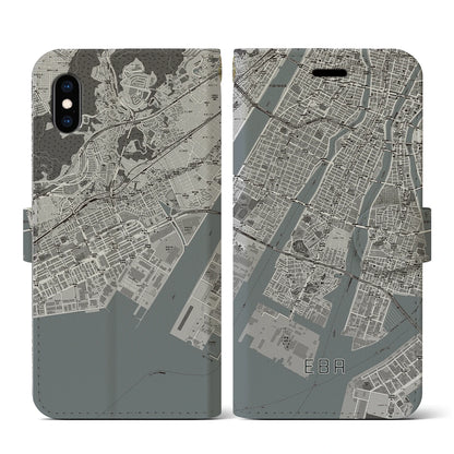 【江波（広島県）】地図柄iPhoneケース（手帳タイプ）モノトーン・iPhone XS / X 用