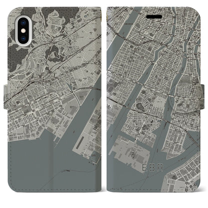 【江波（広島県）】地図柄iPhoneケース（手帳タイプ）モノトーン・iPhone XS Max 用