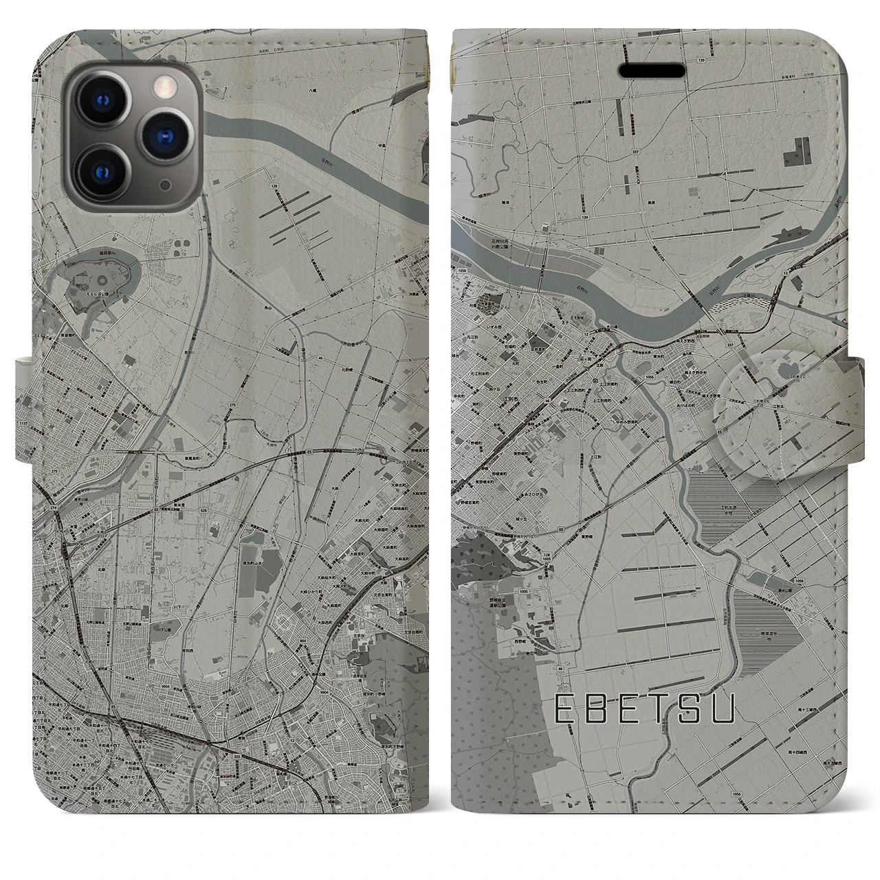【江別】地図柄iPhoneケース（手帳両面タイプ・モノトーン）iPhone 11 Pro Max 用