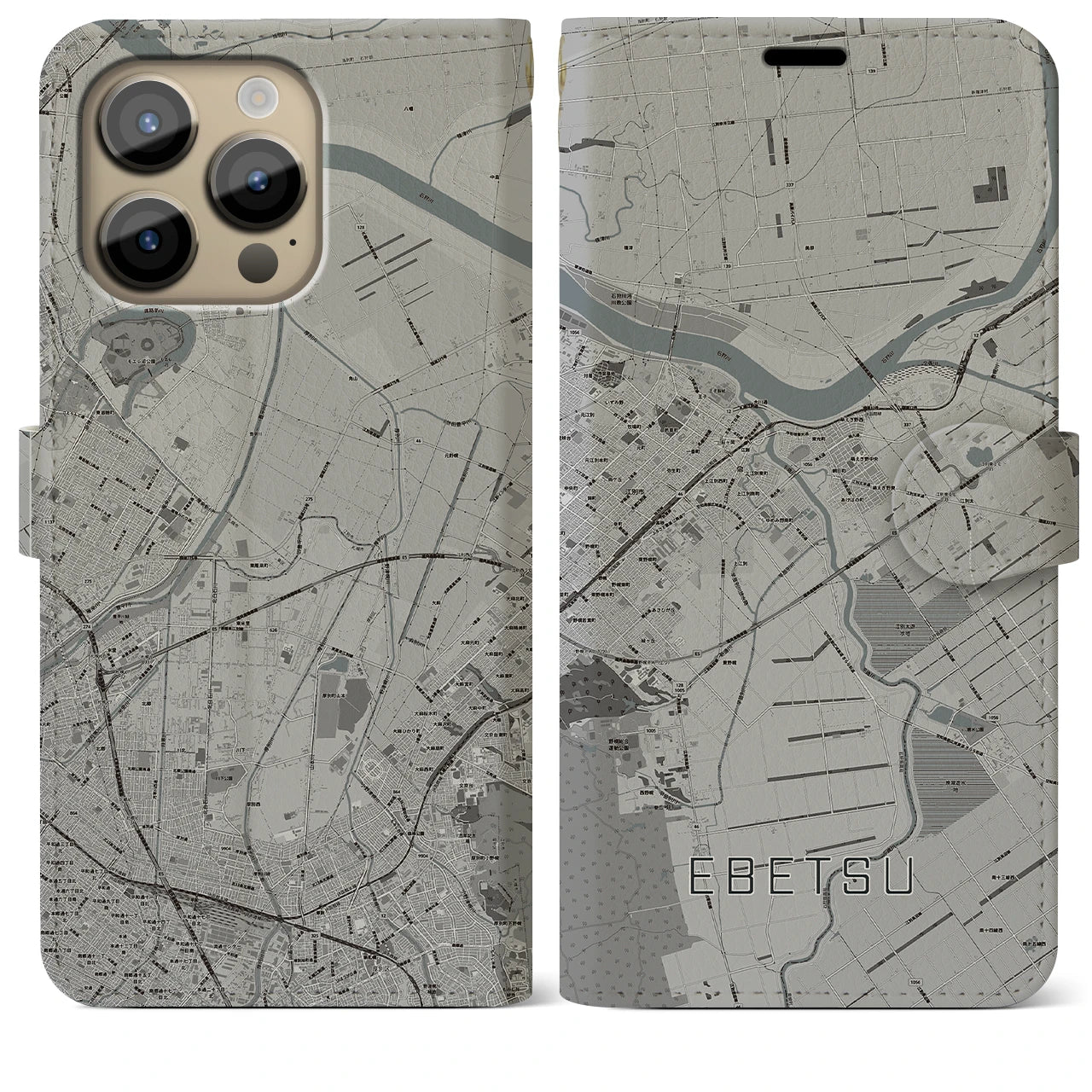 【江別】地図柄iPhoneケース（手帳両面タイプ・モノトーン）iPhone 14 Pro Max 用