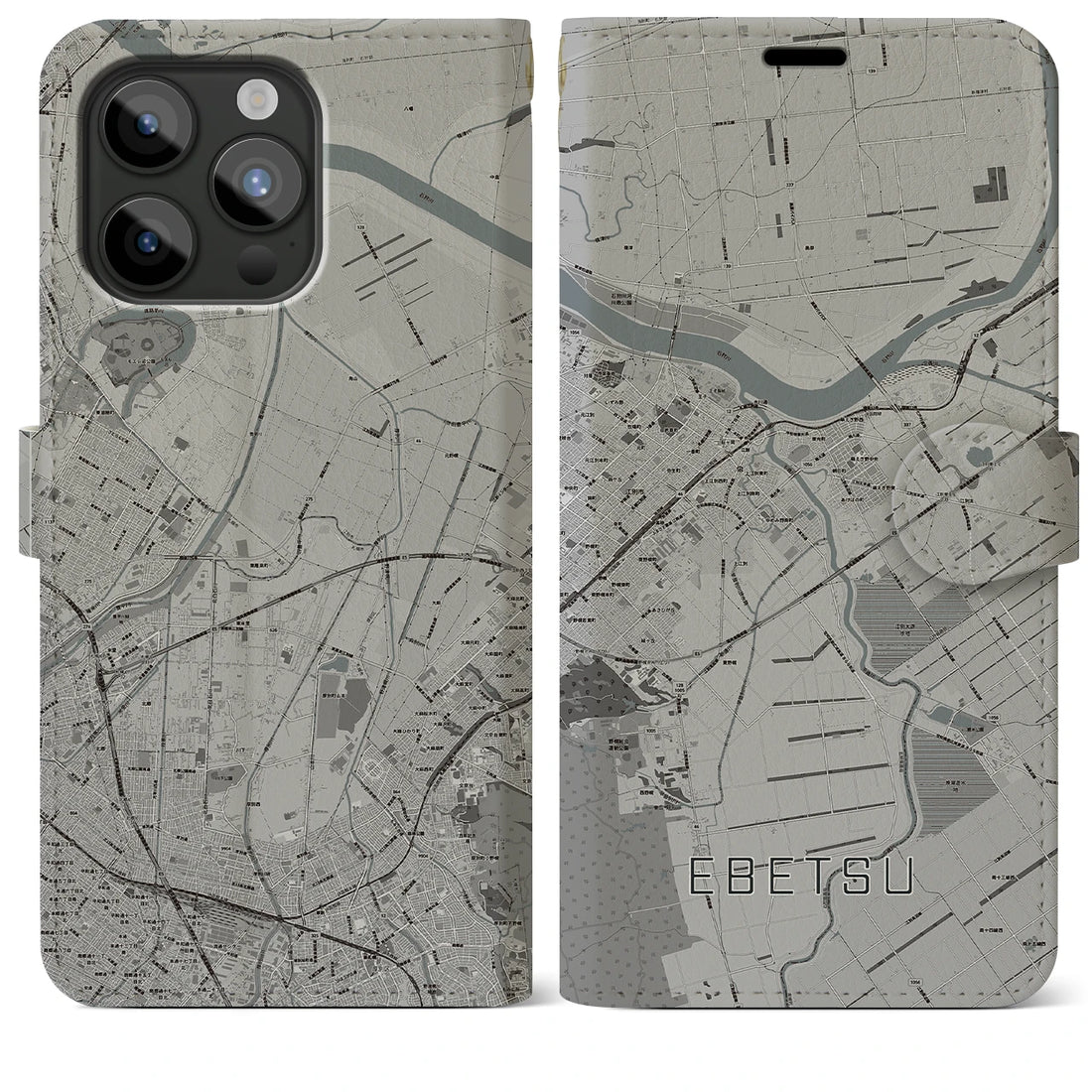 【江別】地図柄iPhoneケース（手帳両面タイプ・モノトーン）iPhone 15 Pro Max 用