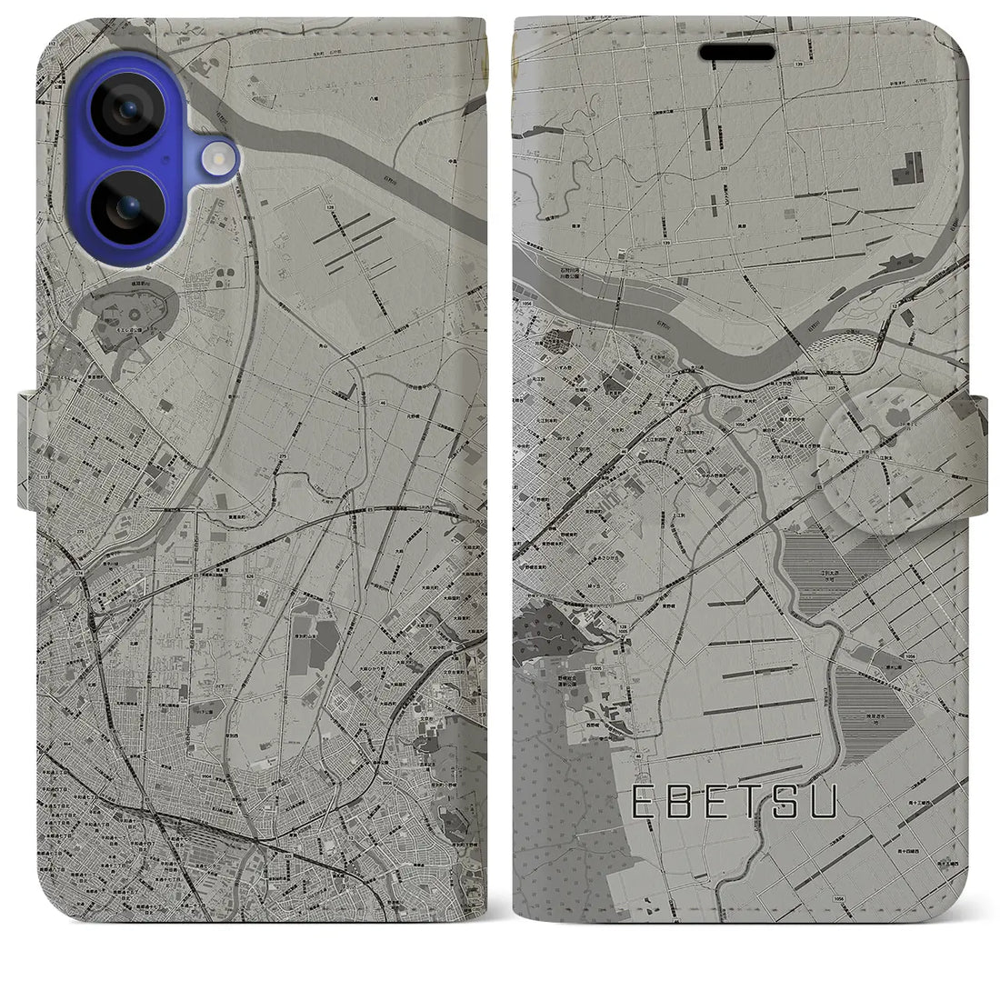 【江別(北海道)】地図柄iPhoneケース(手帳タイプ)モノトーン・iPhone 16 Pro Max 用