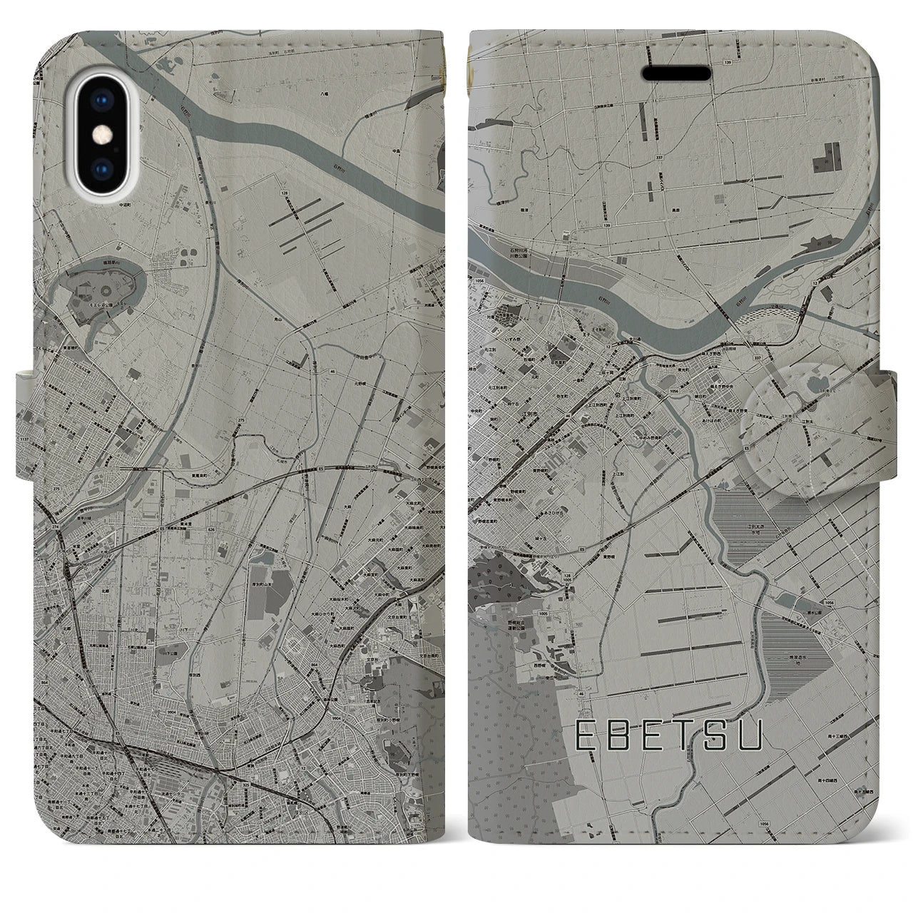 【江別】地図柄iPhoneケース（手帳両面タイプ・モノトーン）iPhone XS Max 用