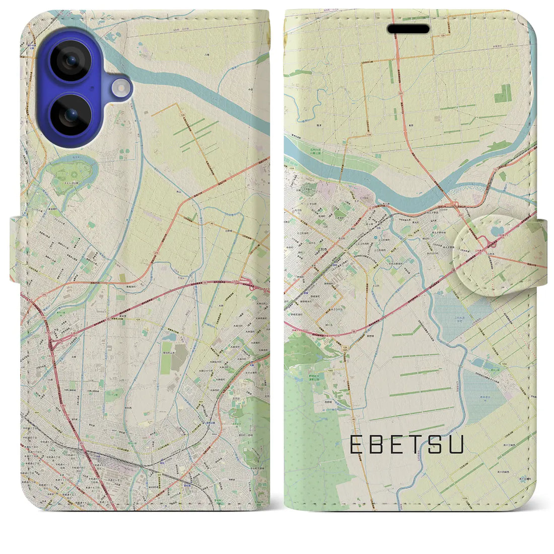 【江別(北海道)】地図柄iPhoneケース(手帳タイプ)ナチュラル・iPhone 16 Pro Max 用
