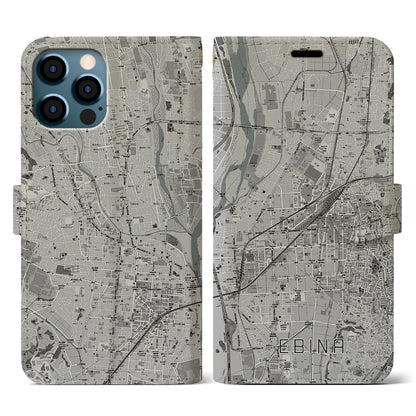 【海老名（神奈川県）】地図柄iPhoneケース（手帳タイプ）モノトーン・iPhone 12 / 12 Pro 用