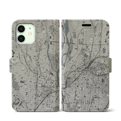 【海老名（神奈川県）】地図柄iPhoneケース（手帳タイプ）モノトーン・iPhone 12 mini 用