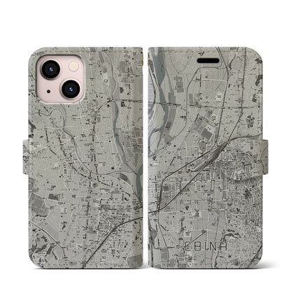 【海老名（神奈川県）】地図柄iPhoneケース（手帳タイプ）モノトーン・iPhone 13 mini 用