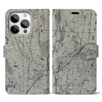 【海老名（神奈川県）】地図柄iPhoneケース（手帳タイプ）モノトーン・iPhone 14 Pro 用