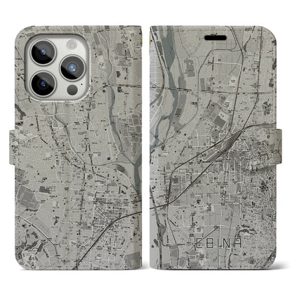 【海老名（神奈川県）】地図柄iPhoneケース（手帳タイプ）モノトーン・iPhone 15 Pro 用