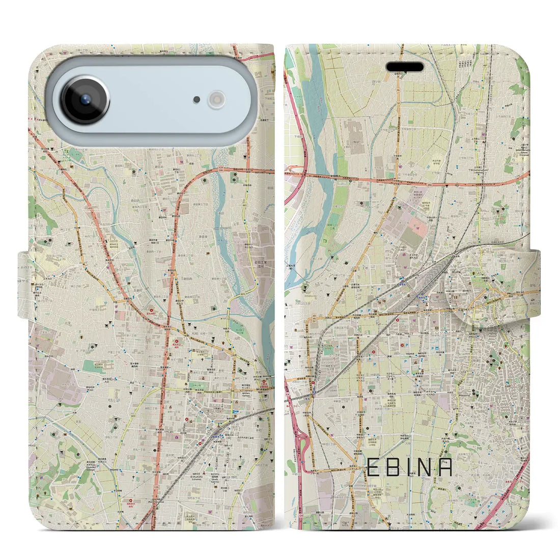 【海老名（神奈川県）】地図柄iPhoneケース（手帳タイプ）モノトーン・iPhone 17 Pro Max 用