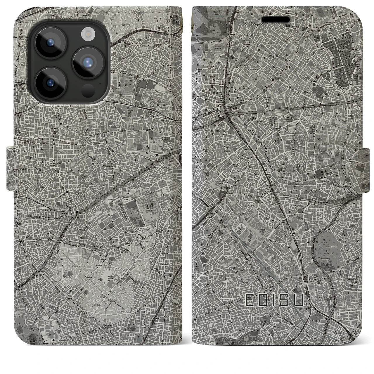 【恵比寿】地図柄iPhoneケース（手帳両面タイプ・モノトーン）iPhone 15 Pro Max 用