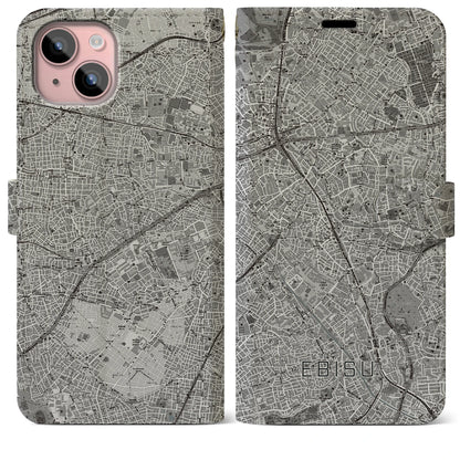 【恵比寿（東京都）】地図柄iPhoneケース（手帳タイプ）モノトーン・iPhone 15 Plus 用