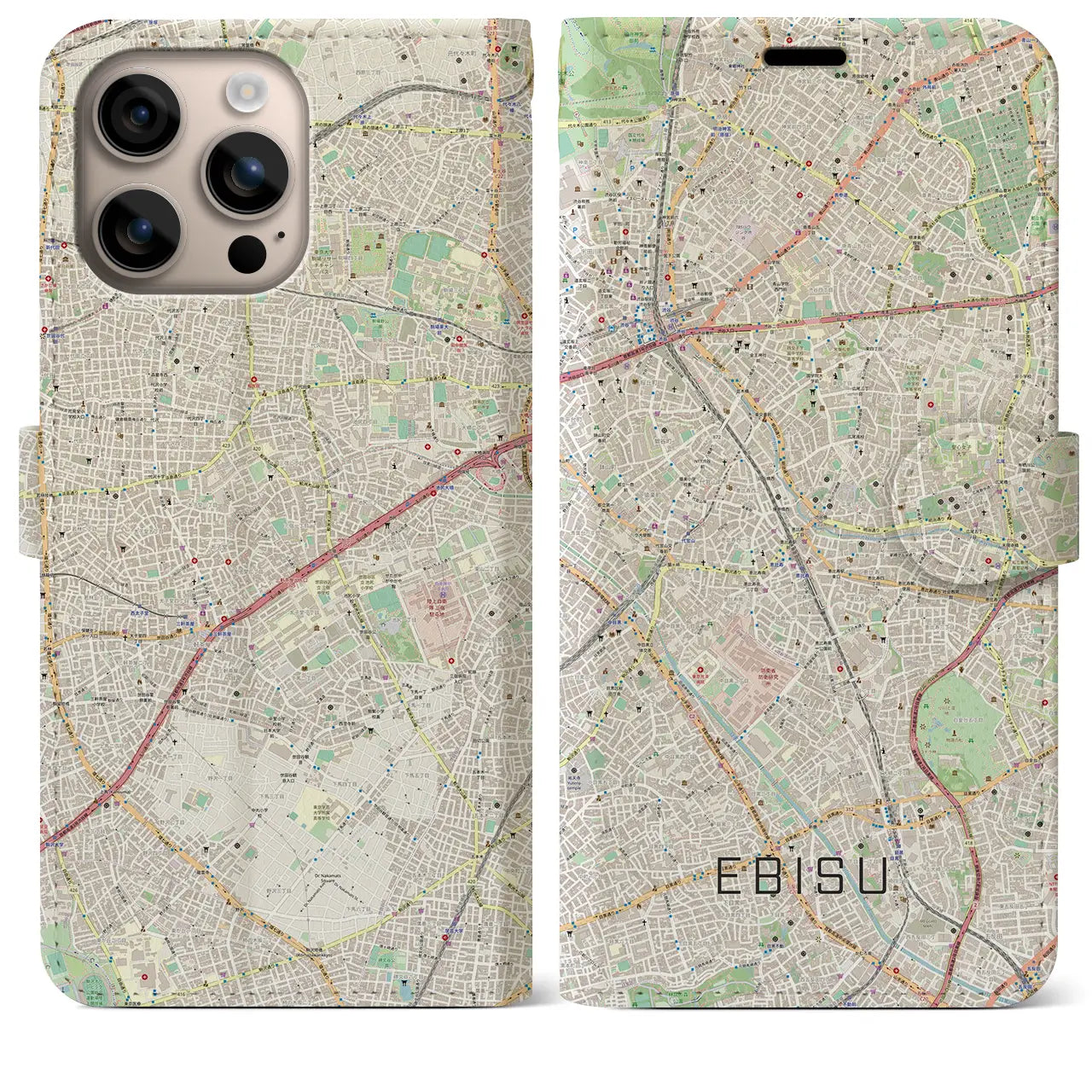 【恵比寿（東京都）】地図柄iPhoneケース（手帳タイプ）ナチュラル・iPhone 16 Plus 用