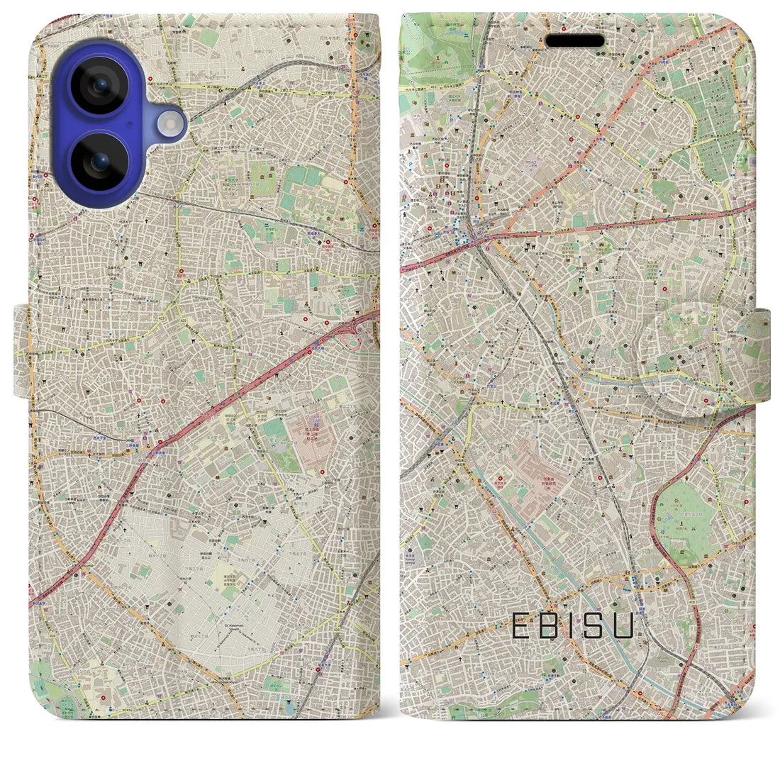 【恵比寿(東京都)】地図柄iPhoneケース(手帳タイプ)ナチュラル・iPhone 16 Pro Max 用