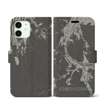 【越後湯沢（新潟県）】地図柄iPhoneケース（手帳タイプ）モノトーン・iPhone 12 mini 用