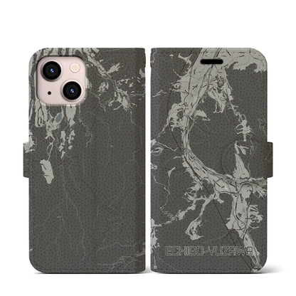【越後湯沢（新潟県）】地図柄iPhoneケース（手帳タイプ）モノトーン・iPhone 13 mini 用