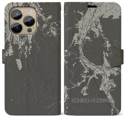 【越後湯沢（新潟県）】地図柄iPhoneケース（手帳タイプ）モノトーン・iPhone 14 Pro Max 用