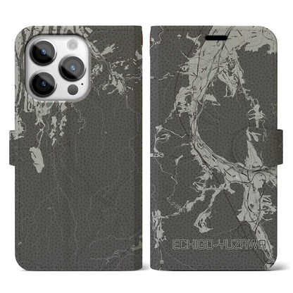 【越後湯沢（新潟県）】地図柄iPhoneケース（手帳タイプ）モノトーン・iPhone 14 Pro 用