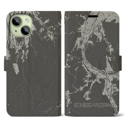 【越後湯沢（新潟県）】地図柄iPhoneケース（手帳タイプ）モノトーン・iPhone 15 用