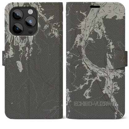 【越後湯沢（新潟県）】地図柄iPhoneケース（手帳タイプ）モノトーン・iPhone 15 Pro Max 用