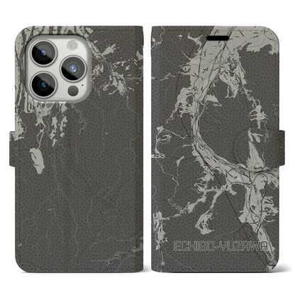 【越後湯沢（新潟県）】地図柄iPhoneケース（手帳タイプ）モノトーン・iPhone 15 Pro 用