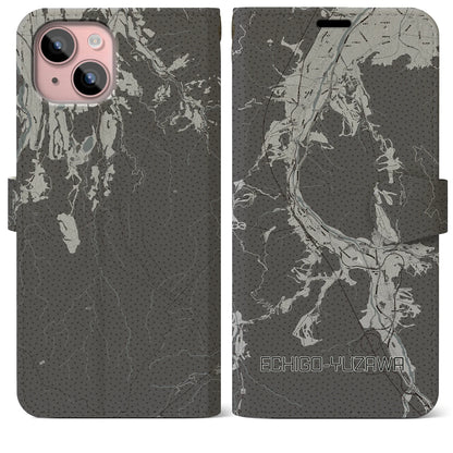 【越後湯沢（新潟県）】地図柄iPhoneケース（手帳タイプ）モノトーン・iPhone 15 Plus 用