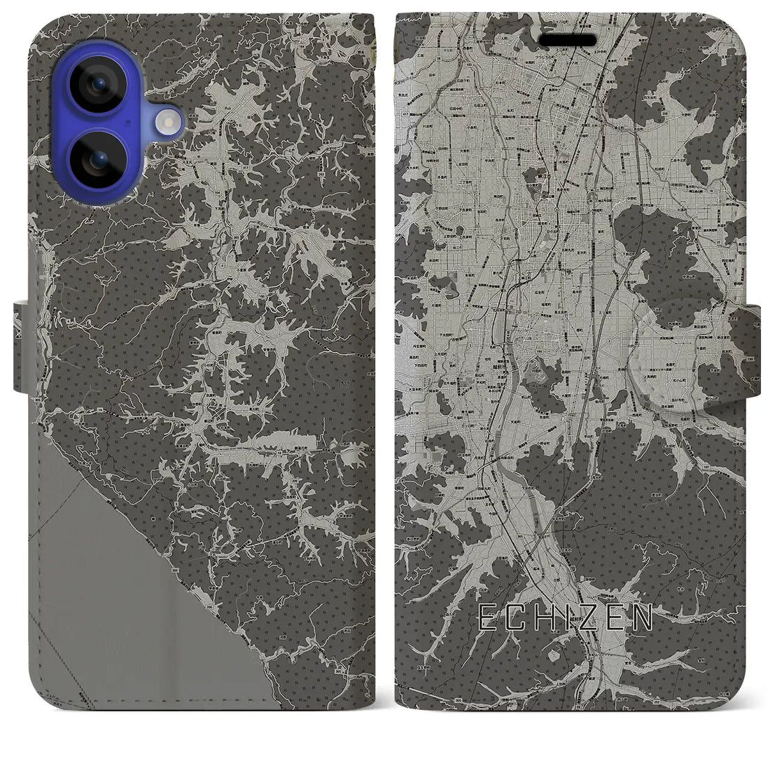 【越前(福井県)】地図柄iPhoneケース(手帳タイプ)モノトーン・iPhone 16 Pro Max 用