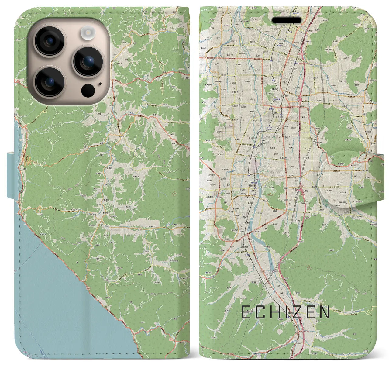 【越前（福井県）】地図柄iPhoneケース（手帳タイプ）ナチュラル・iPhone 16 Plus 用