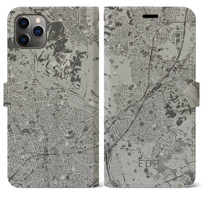 【江田（神奈川県）】地図柄iPhoneケース（手帳タイプ）モノトーン・iPhone 11 Pro Max 用