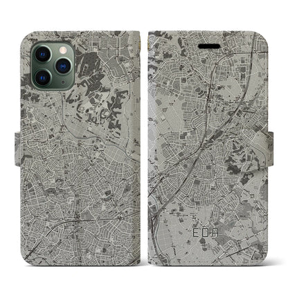【江田（神奈川県）】地図柄iPhoneケース（手帳タイプ）モノトーン・iPhone 11 Pro 用