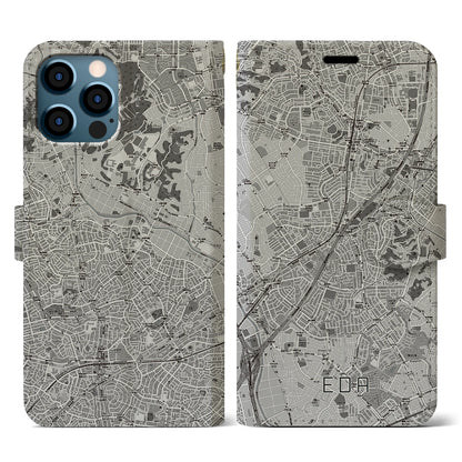 【江田（神奈川県）】地図柄iPhoneケース（手帳タイプ）モノトーン・iPhone 12 / 12 Pro 用