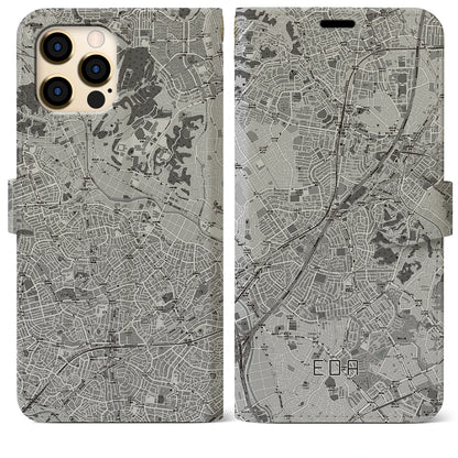 【江田（神奈川県）】地図柄iPhoneケース（手帳タイプ）モノトーン・iPhone 12 Pro Max 用