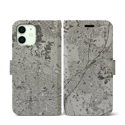 【江田（神奈川県）】地図柄iPhoneケース（手帳タイプ）モノトーン・iPhone 12 mini 用