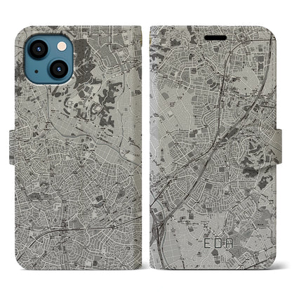 【江田（神奈川県）】地図柄iPhoneケース（手帳タイプ）モノトーン・iPhone 13 用