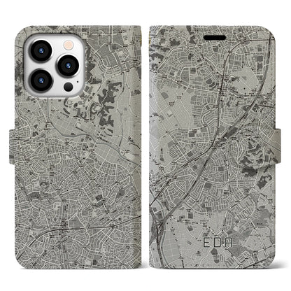 【江田（神奈川県）】地図柄iPhoneケース（手帳タイプ）モノトーン・iPhone 13 Pro 用