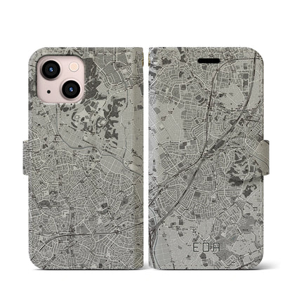 【江田（神奈川県）】地図柄iPhoneケース（手帳タイプ）モノトーン・iPhone 13 mini 用