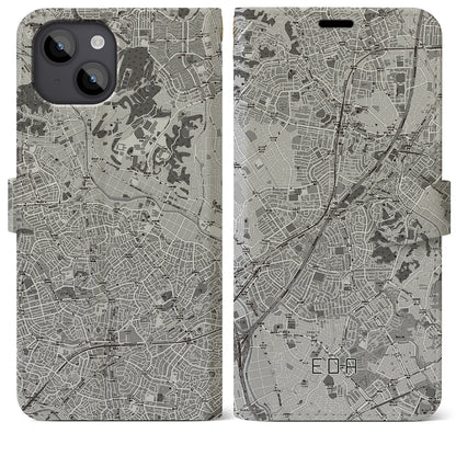 【江田（神奈川県）】地図柄iPhoneケース（手帳タイプ）モノトーン・iPhone 14 Plus 用