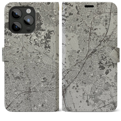 【江田（神奈川県）】地図柄iPhoneケース（手帳タイプ）モノトーン・iPhone 15 Pro Max 用