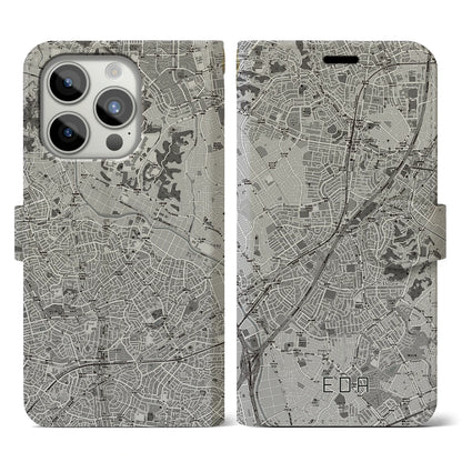 【江田（神奈川県）】地図柄iPhoneケース（手帳タイプ）モノトーン・iPhone 15 Pro 用