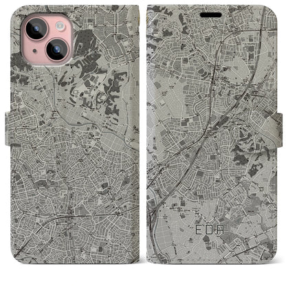 【江田（神奈川県）】地図柄iPhoneケース（手帳タイプ）モノトーン・iPhone 15 Plus 用