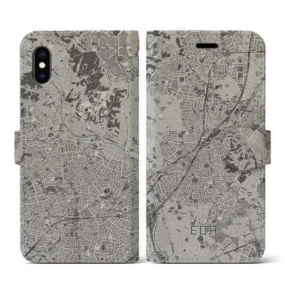 【江田（神奈川県）】地図柄iPhoneケース（手帳タイプ）モノトーン・iPhone XS / X 用