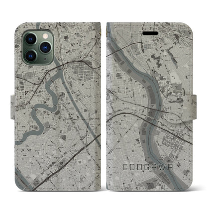 【江戸川（東京都）】地図柄iPhoneケース（手帳タイプ）モノトーン・iPhone 11 Pro 用