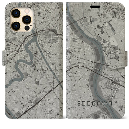 【江戸川（東京都）】地図柄iPhoneケース（手帳タイプ）モノトーン・iPhone 12 Pro Max 用