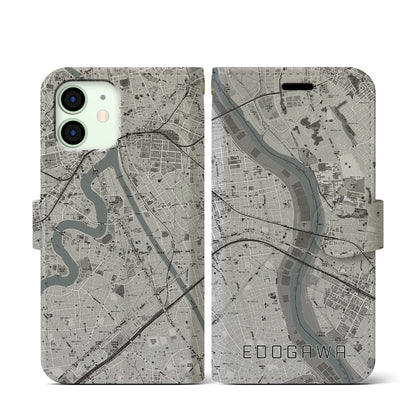 【江戸川（東京都）】地図柄iPhoneケース（手帳タイプ）モノトーン・iPhone 12 mini 用