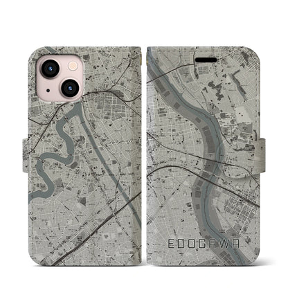 【江戸川（東京都）】地図柄iPhoneケース（手帳タイプ）モノトーン・iPhone 13 mini 用