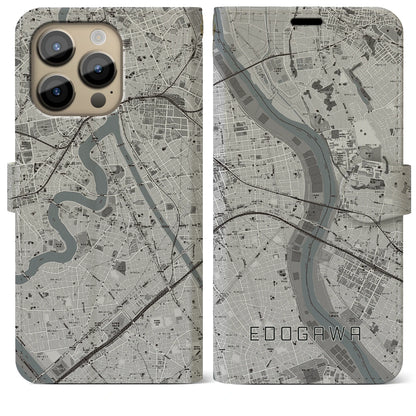 【江戸川（東京都）】地図柄iPhoneケース（手帳タイプ）モノトーン・iPhone 14 Pro Max 用