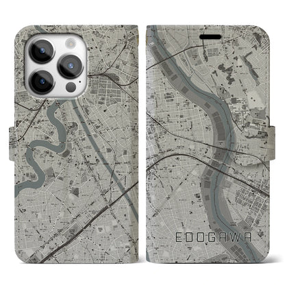 【江戸川（東京都）】地図柄iPhoneケース（手帳タイプ）モノトーン・iPhone 14 Pro 用