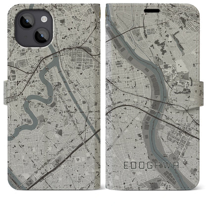 【江戸川（東京都）】地図柄iPhoneケース（手帳タイプ）モノトーン・iPhone 14 Plus 用
