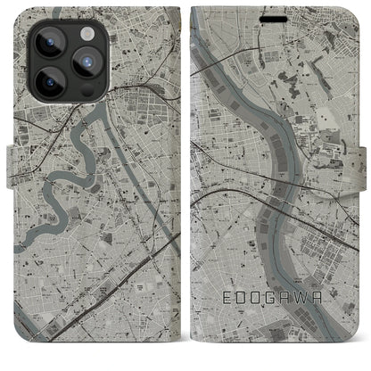 【江戸川（東京都）】地図柄iPhoneケース（手帳タイプ）モノトーン・iPhone 15 Pro Max 用